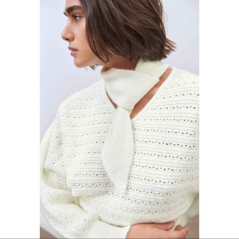 Zara NWT Bow Collar Knit Sweater White Cream Chunky Size S